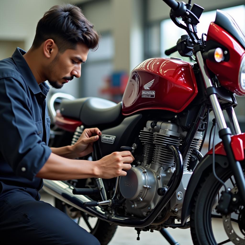 Mechanic inspecting a Honda engine in Varanasi