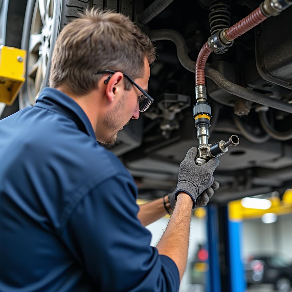 Mechanic Inspecting Hydraulic Lift System