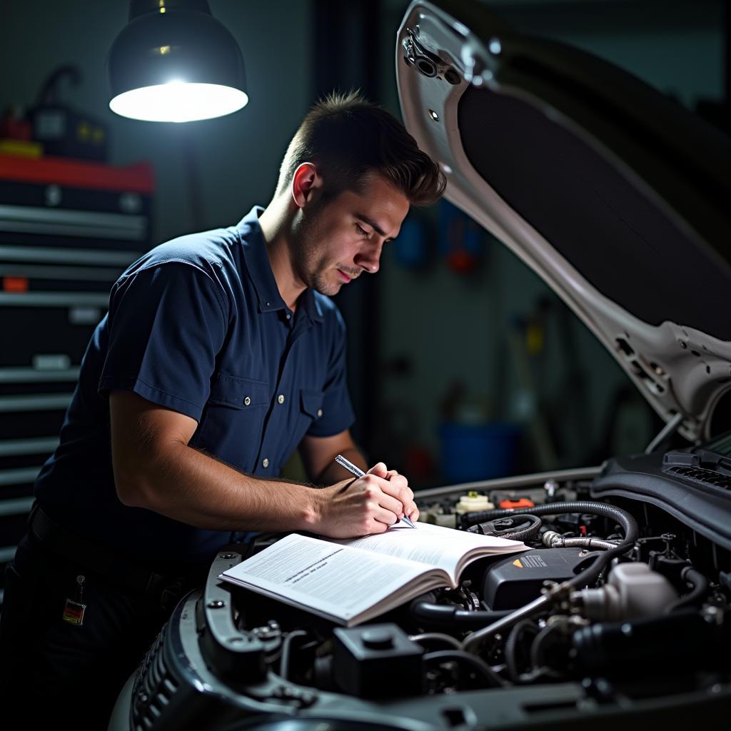 A mechanic referencing a car service manual while working on a car engine