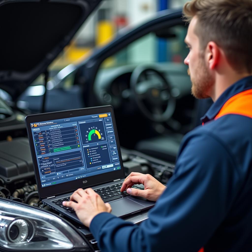 Mechanic using Diagnostic Software on a Laptop