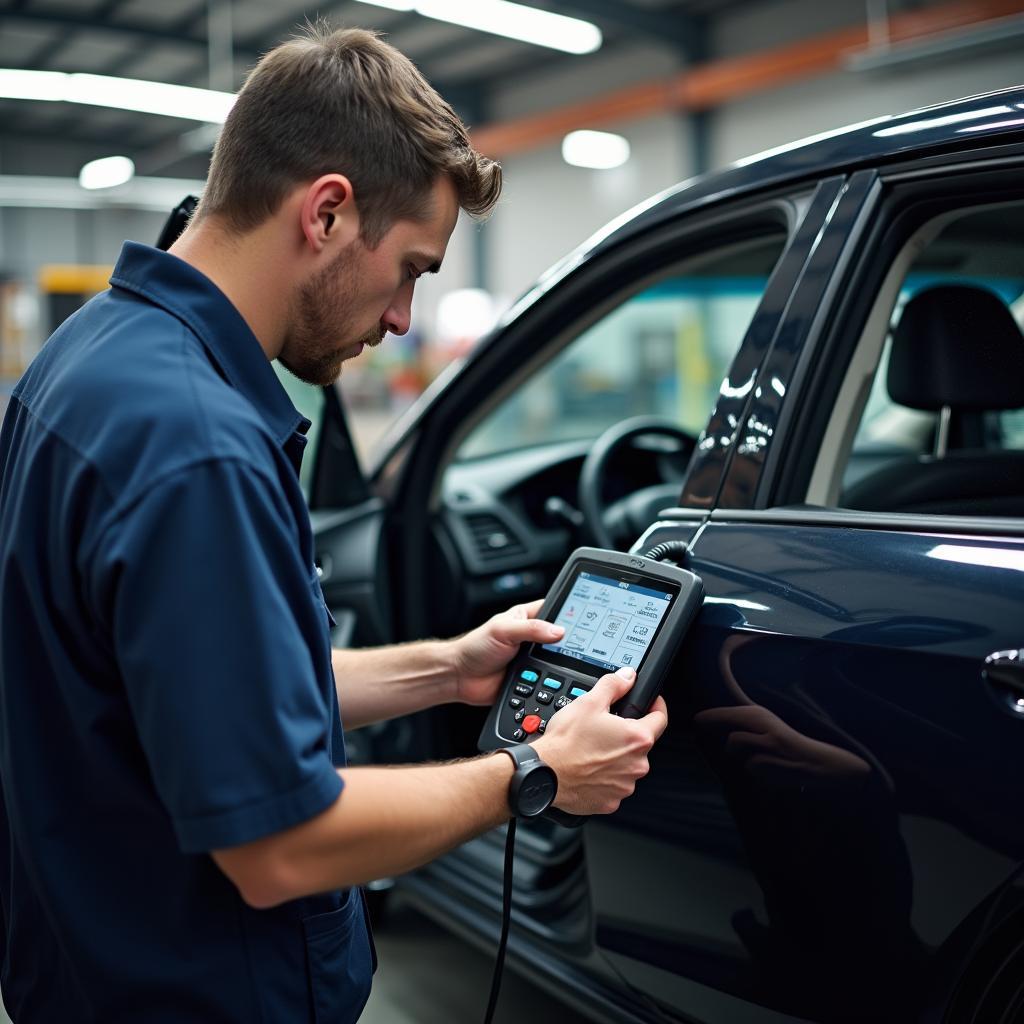 Mechanic Using Diagnostic Tool on a Vehicle