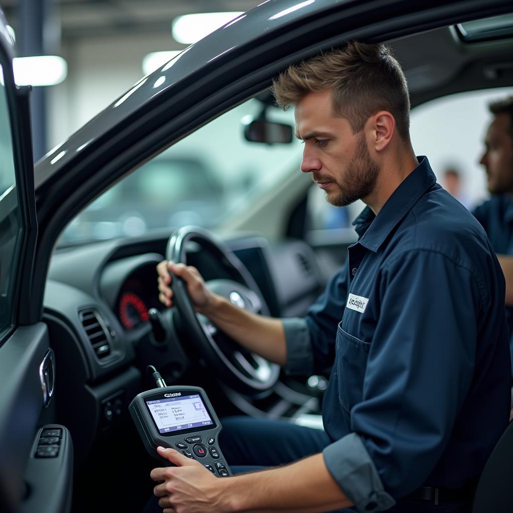 Mechanic plugging in a diagnostic tool to a car's onboard computer