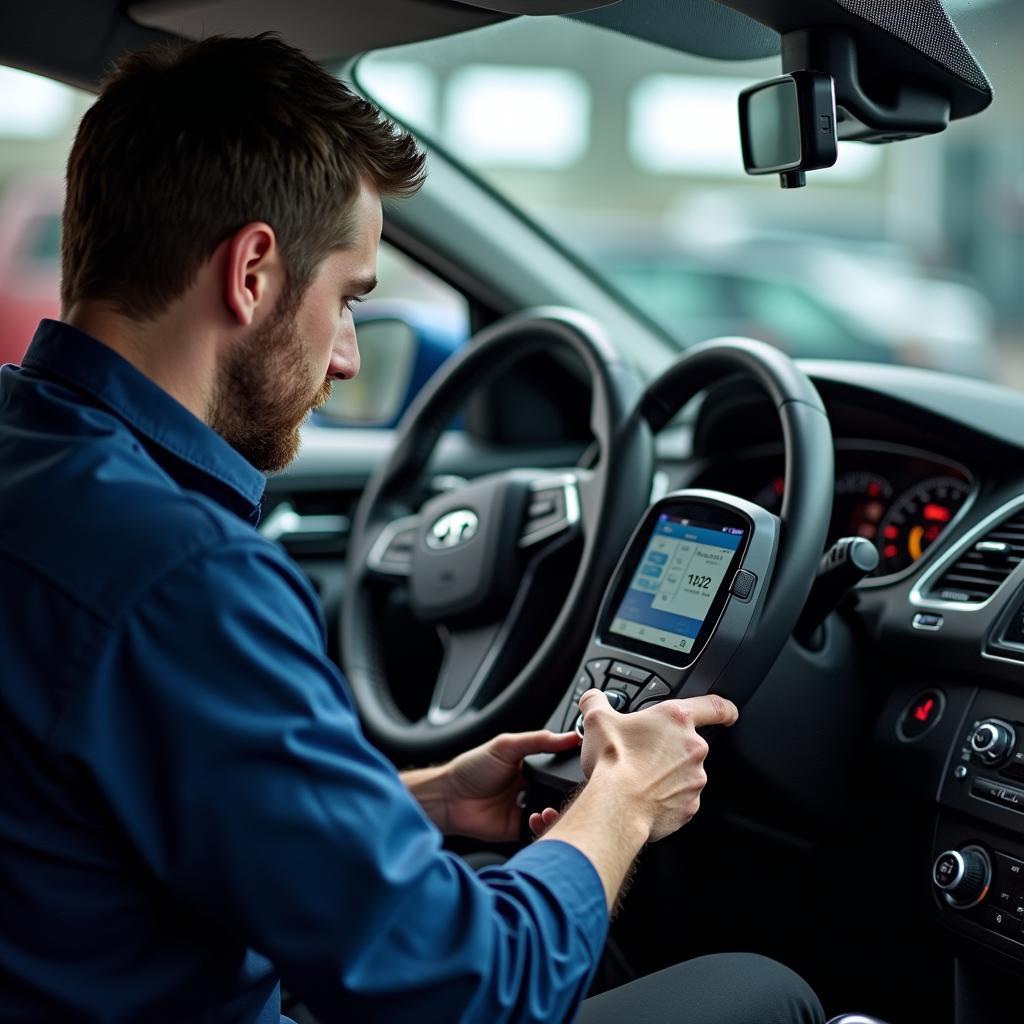 Mechanic Using Diagnostic Tool on Car