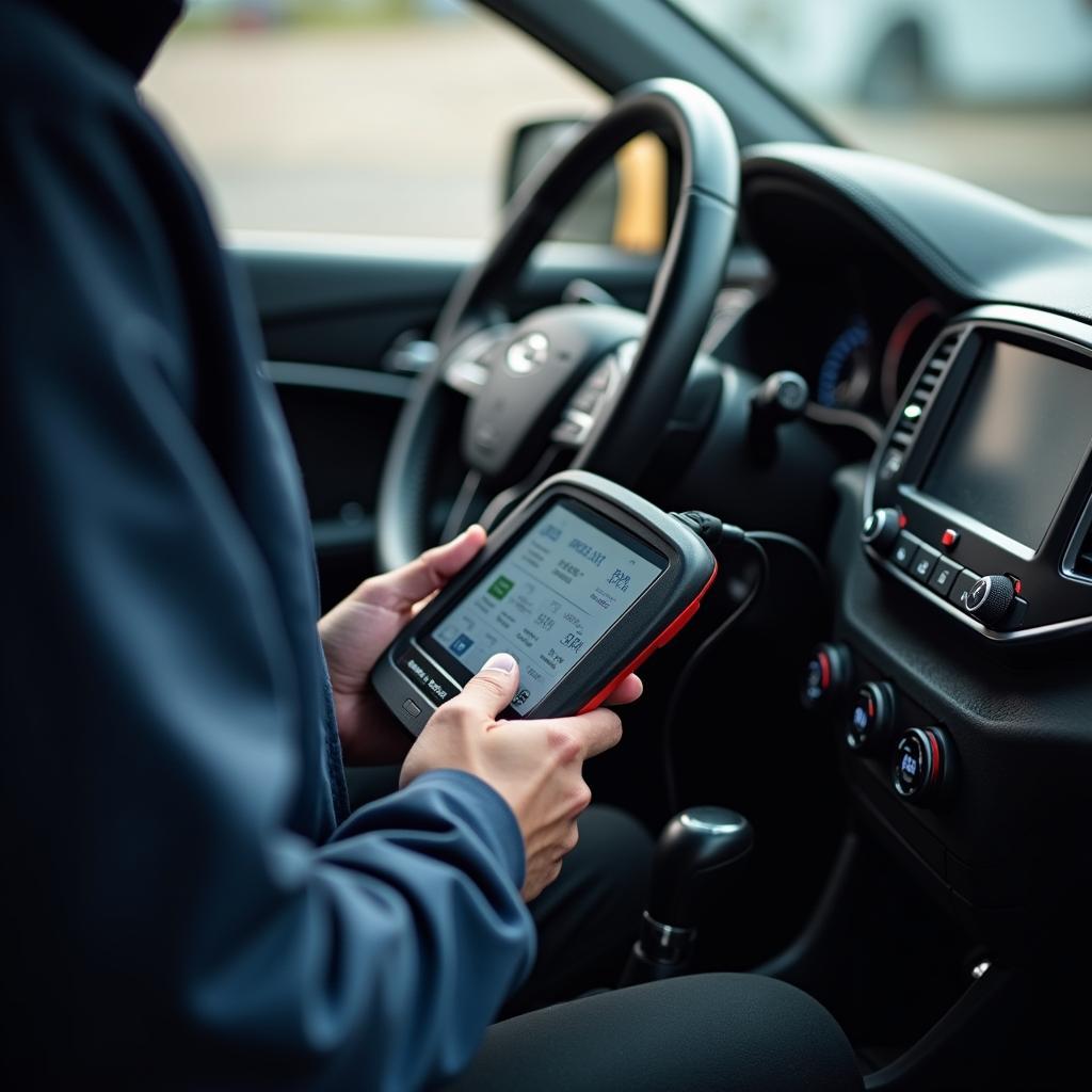  Mechanic Using Diagnostic Tool in Car Repair Van