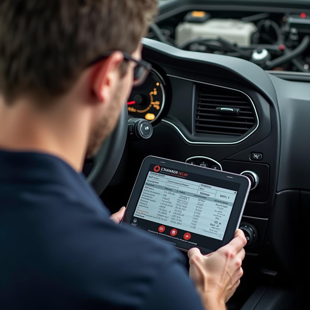 Mechanic using a diagnostic tool connected to a mobile car service app