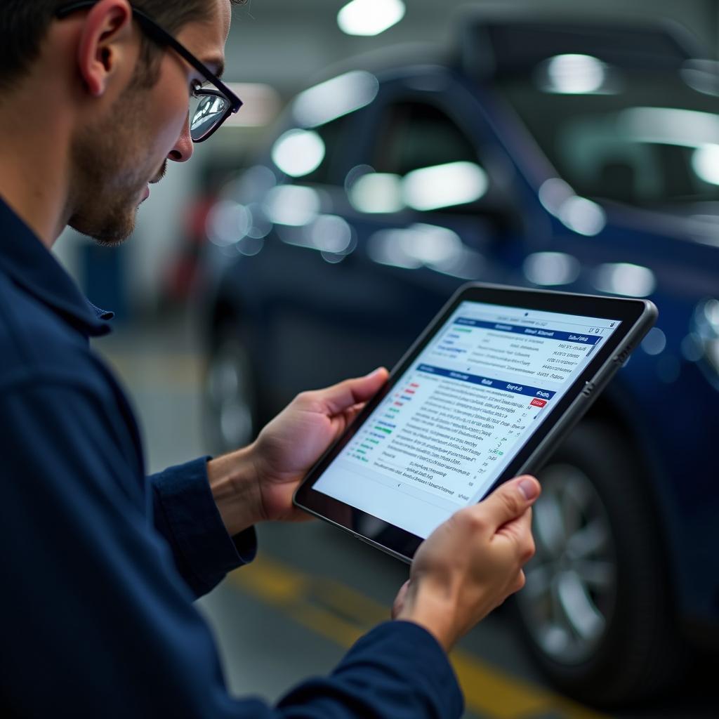 Mechanic using a tablet for car diagnostics in a modern repair shop.