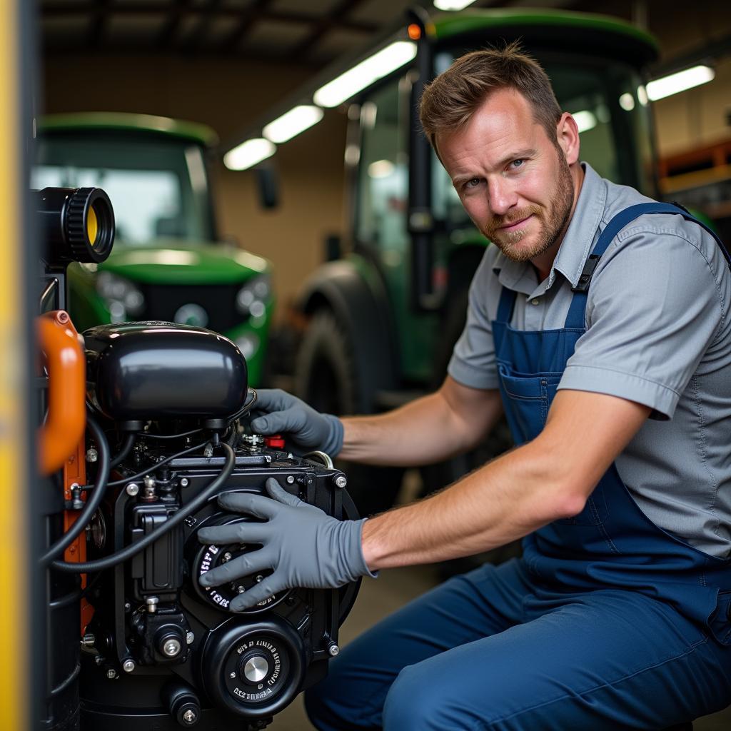 Mechanic Working on a Tractor in Small Service Centre