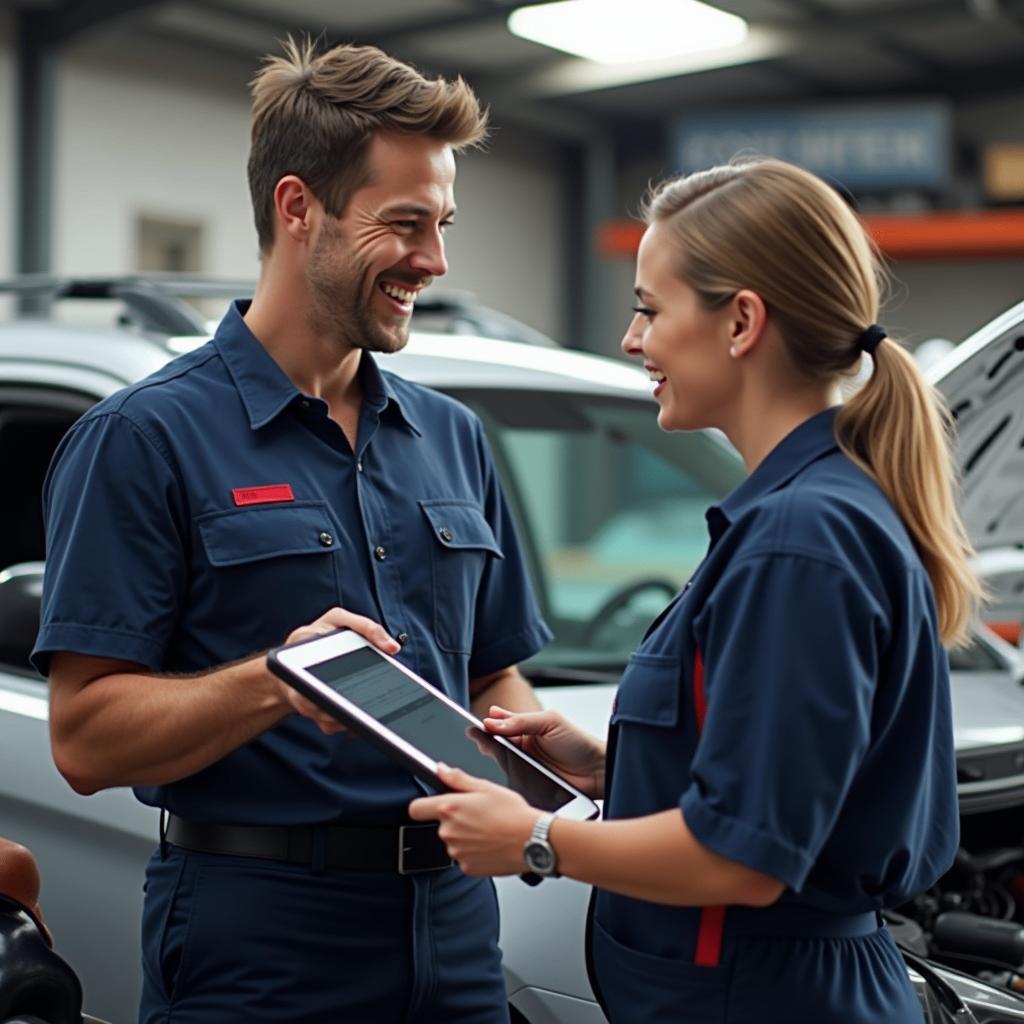 Medford mechanic explaining car issue to customer