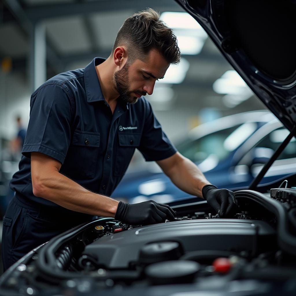 Experienced Mercedes-Benz mechanic in Melbourne working on a car engine.