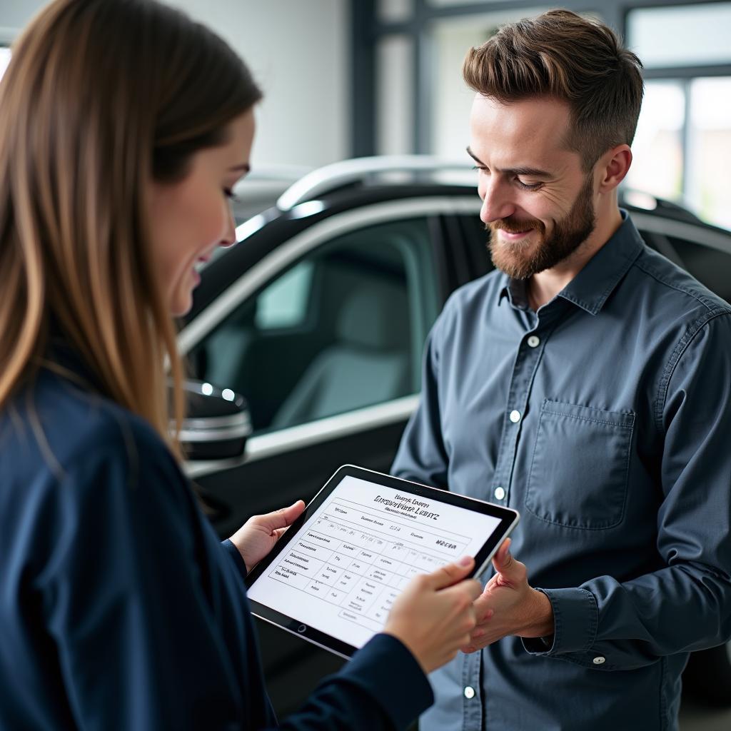 A service advisor explains a repair estimate to a Mercedes-Benz owner