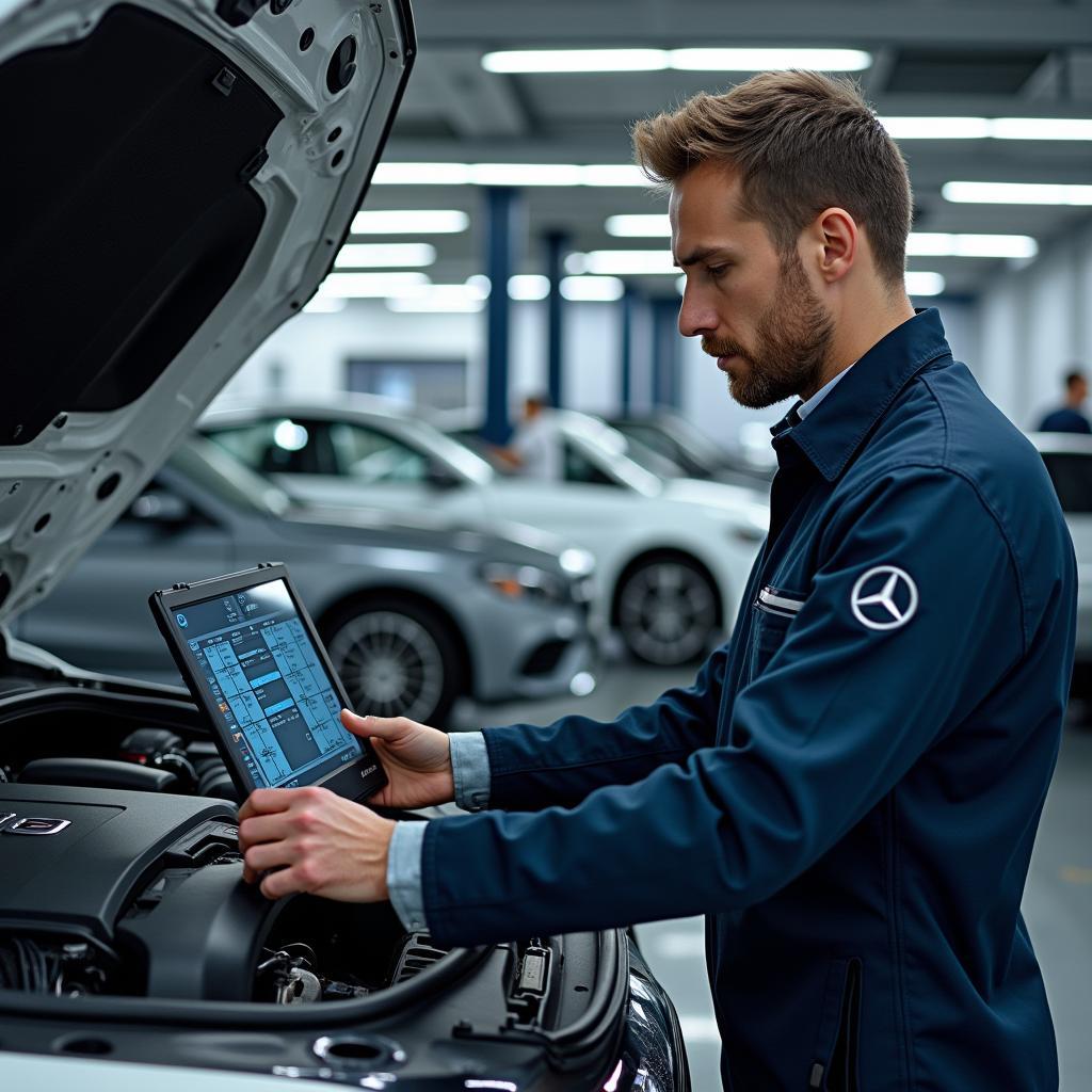 Mercedes Benz technician performing engine diagnostics