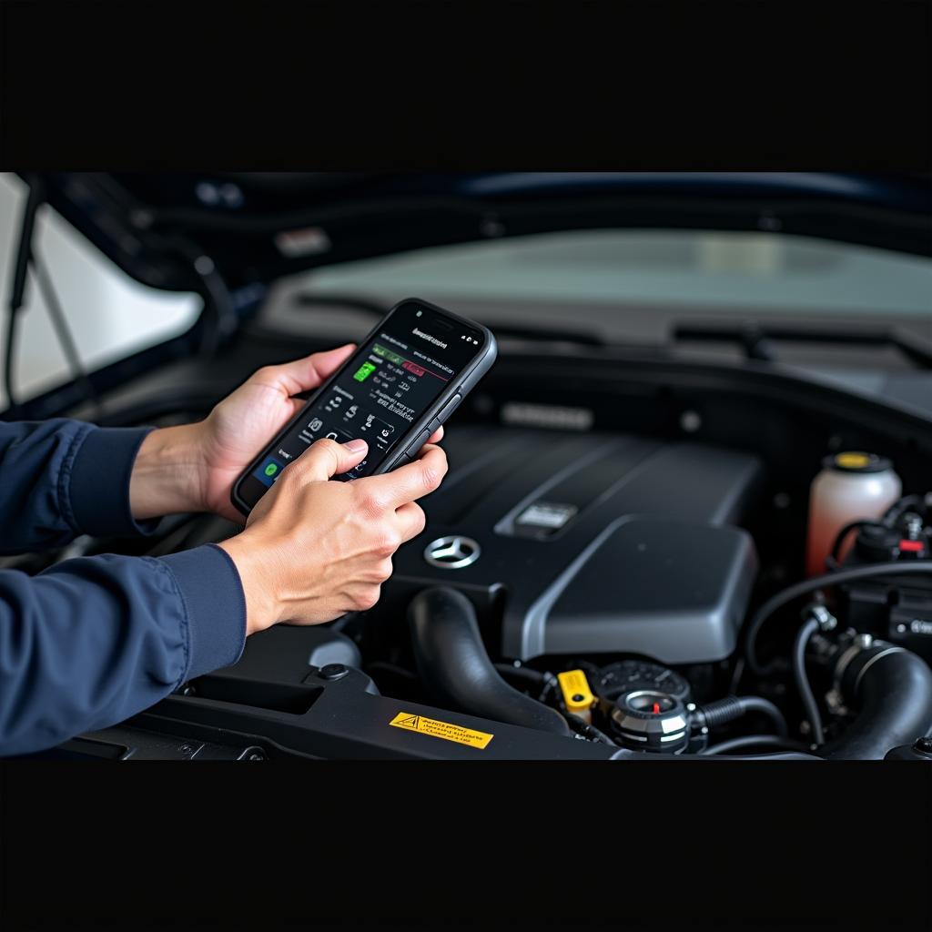 Mechanic Using Diagnostic Software on Mercedes Engine