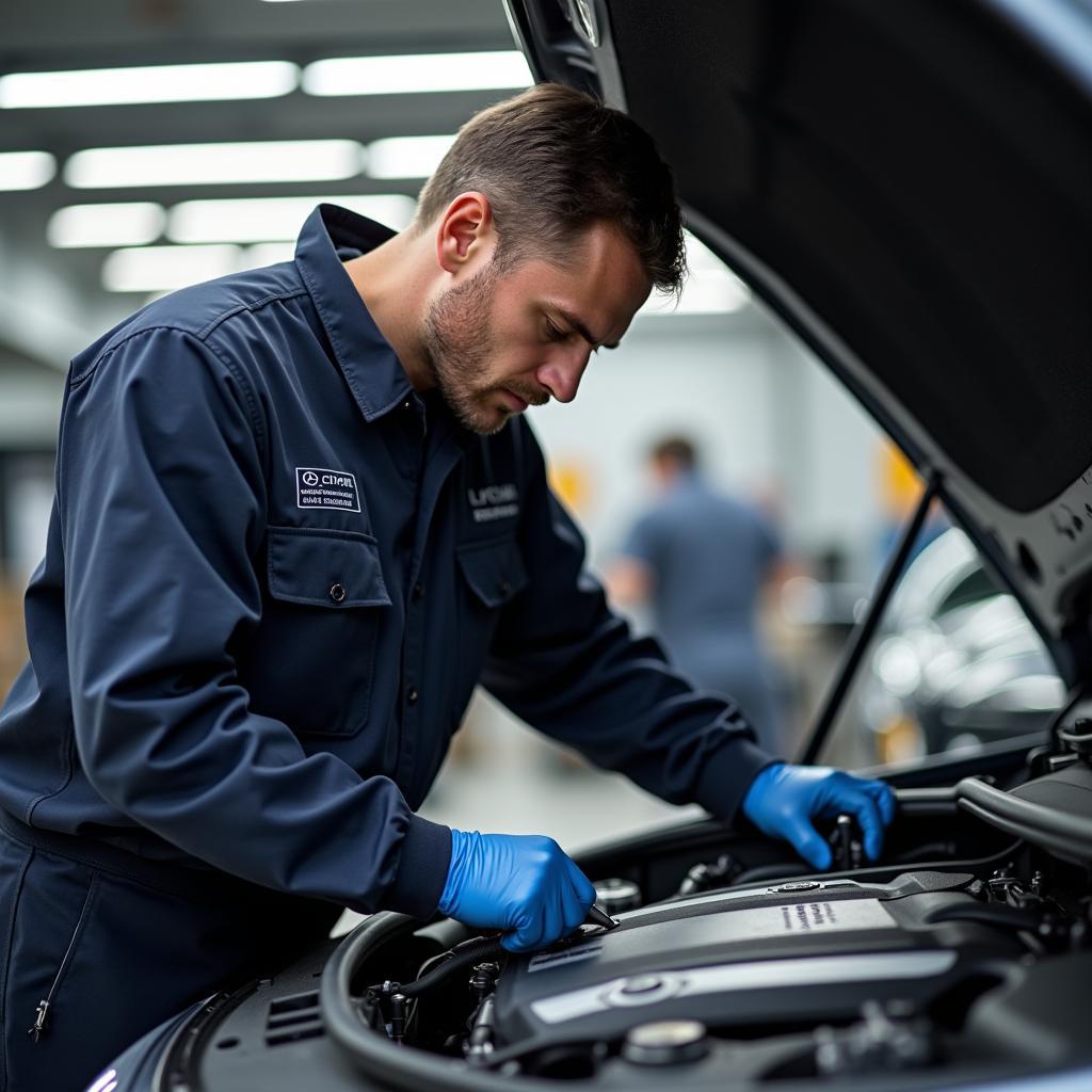 Mercedes-Benz Technician Conducting Vehicle Inspection