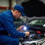 Mechanic checking fluids during a mini car service