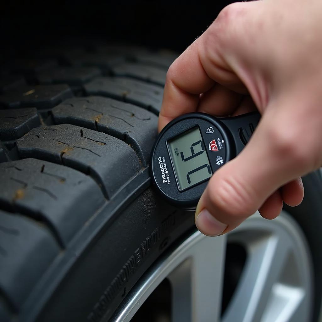 Mechanic inspecting tire tread depth during a mini service