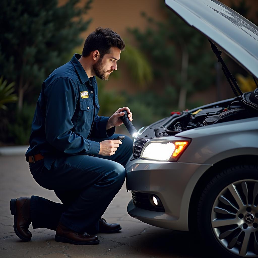 Mobile mechanic inspecting a car