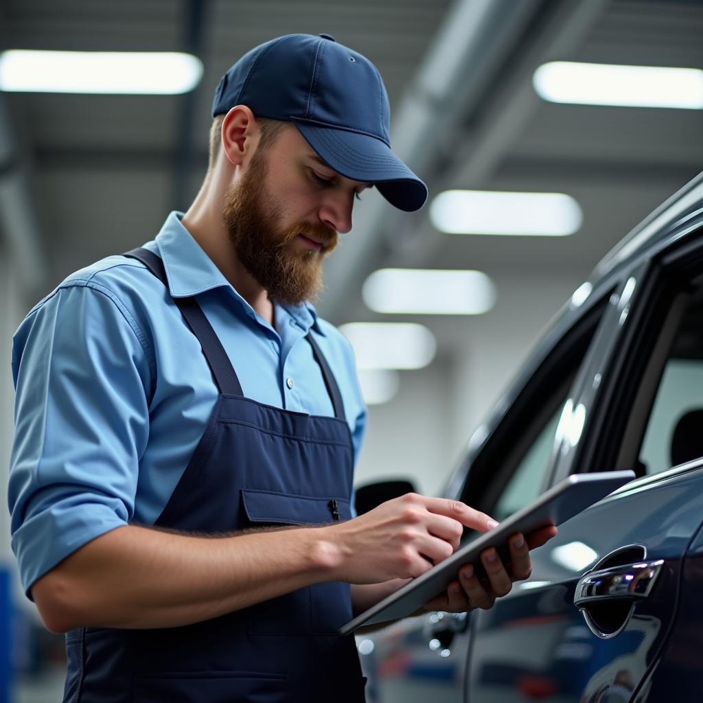 Mobile mechanic in Pune performing an on-site car inspection using a tablet 