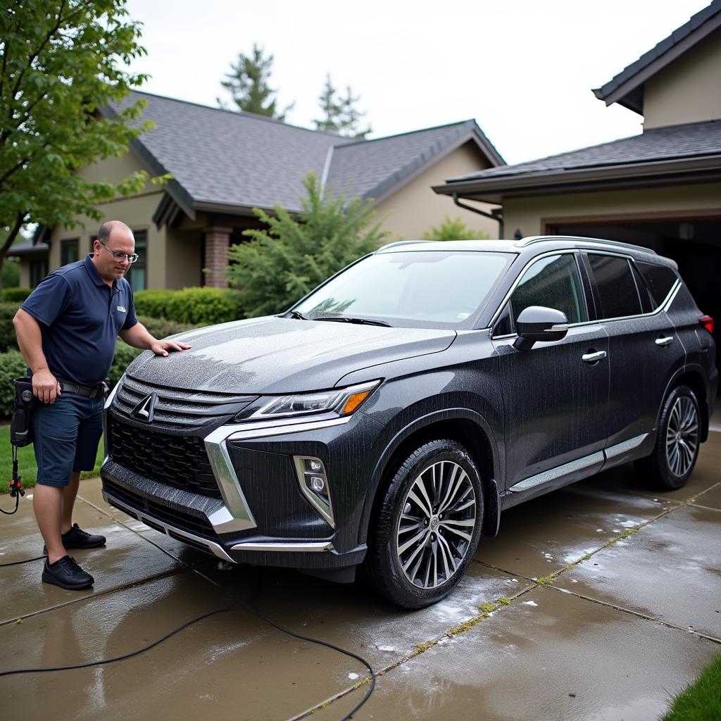 Professional mobile car wash service at a client's driveway