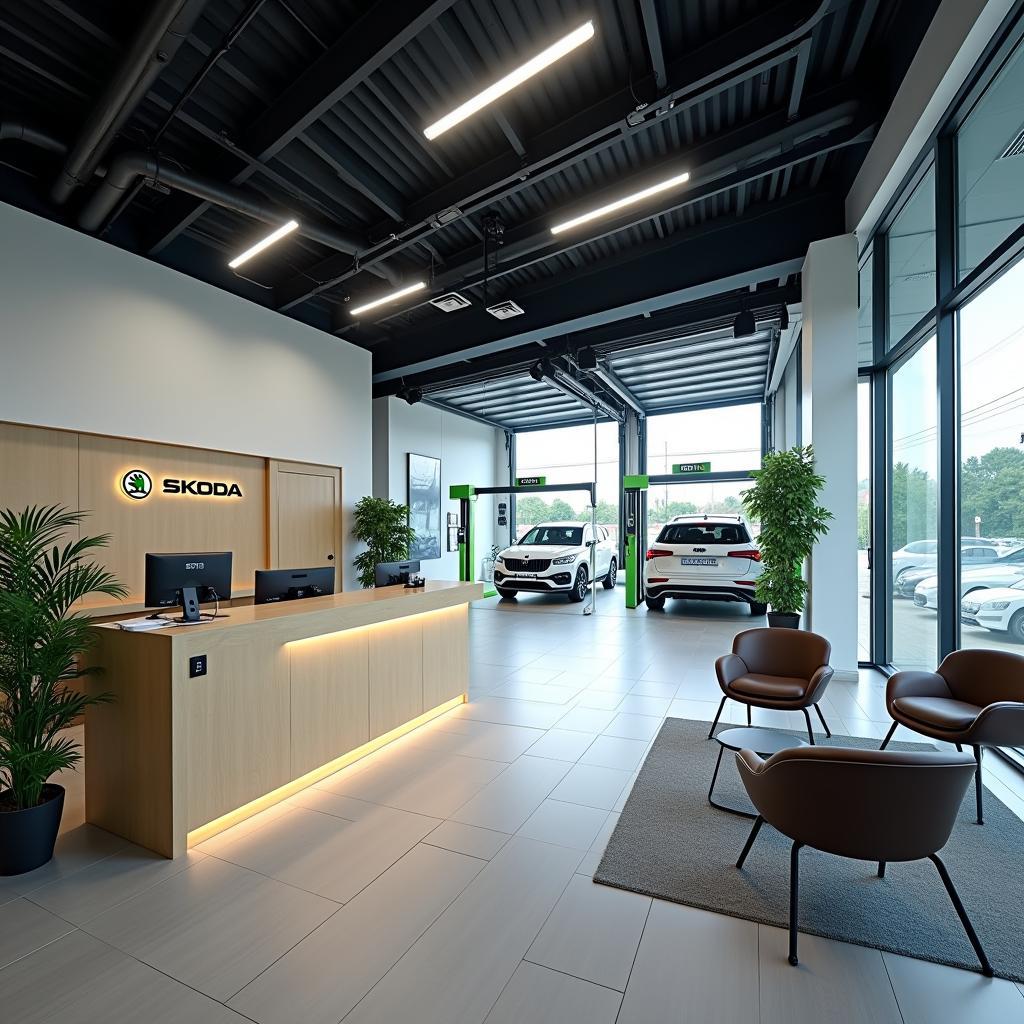 Modern and well-equipped interior of a Skoda car service centre.