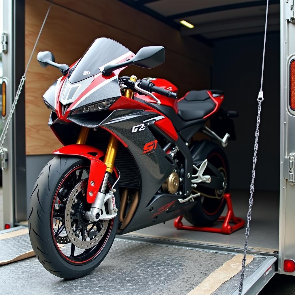 Motorcycle Secured on a Transport Trailer