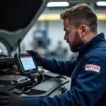 MYTVS mechanic using a diagnostic tool on a car