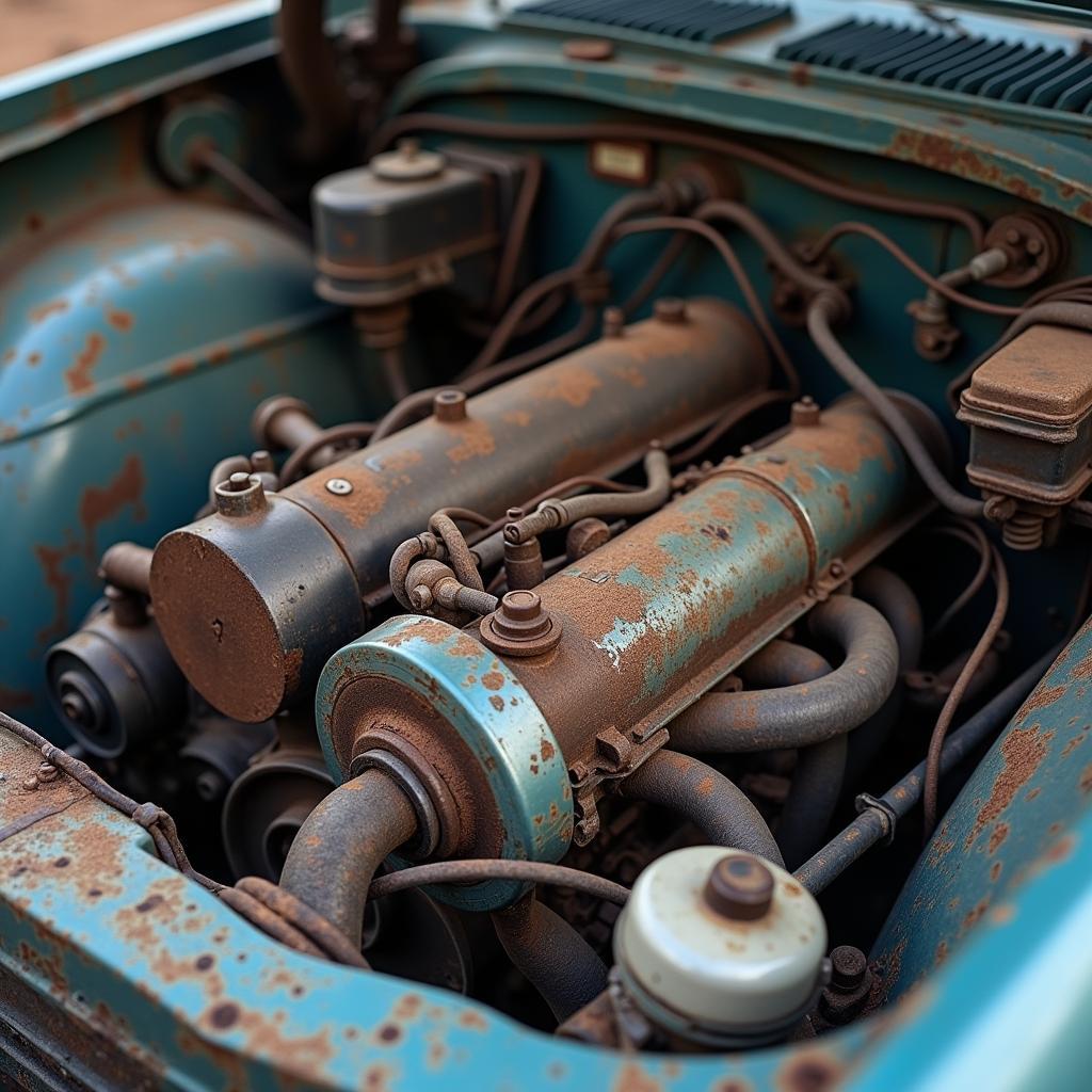 Neglected car engine with visible wear and tear