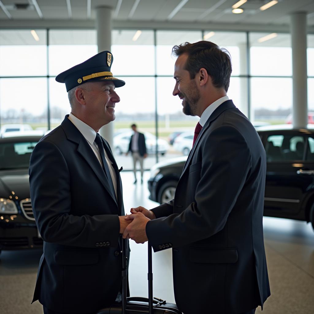 Professional car service driver greeting client at Newark Airport