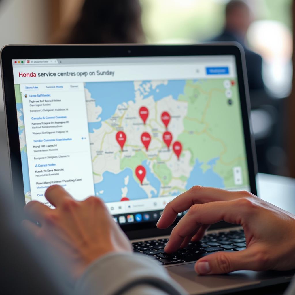A person using a laptop to search for "Honda service centres open on Sunday" on Google Maps.