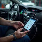 Mechanic using a diagnostic tool on an Opel Corsa engine