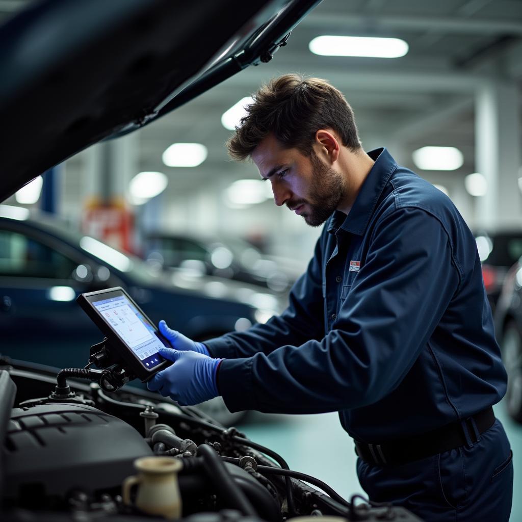 Mechanic Inspecting a Car in a Parisian Garage