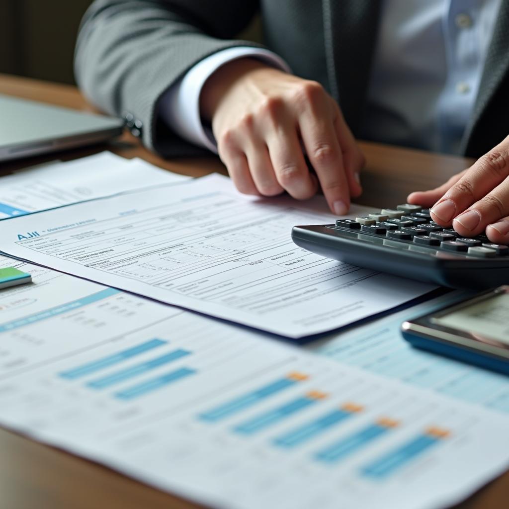 A person reviewing a car rental agreement and calculating expenses using a calculator