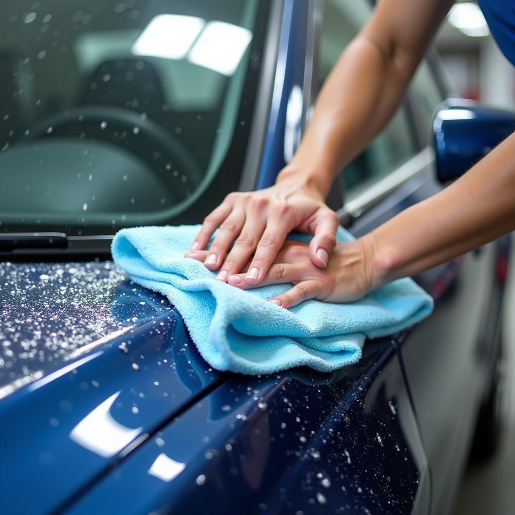 Person Drying Car After Wash