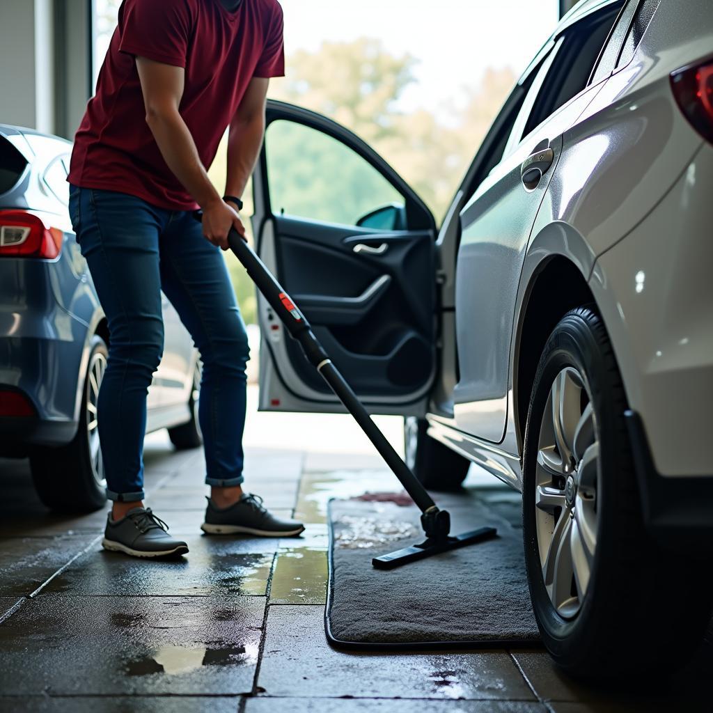  A person using a carpet shampooer on their car floor mats at a self-service car wash