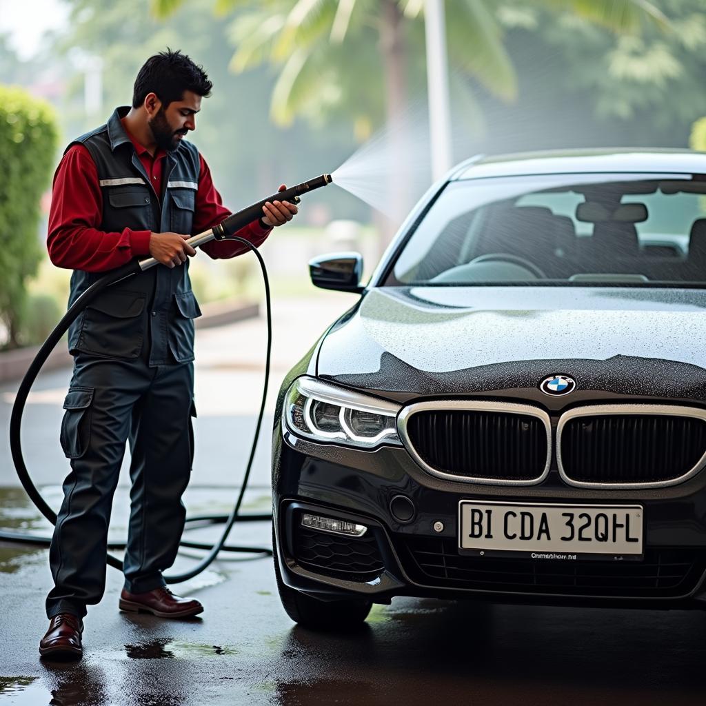 Using High-Pressure Hose at Self Service Car Wash in India