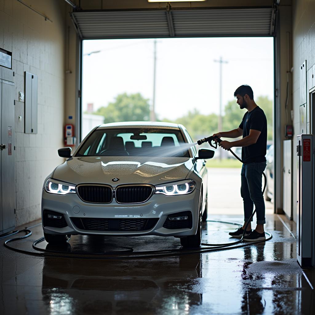 Person Washing Car at a Self-Service Car Wash