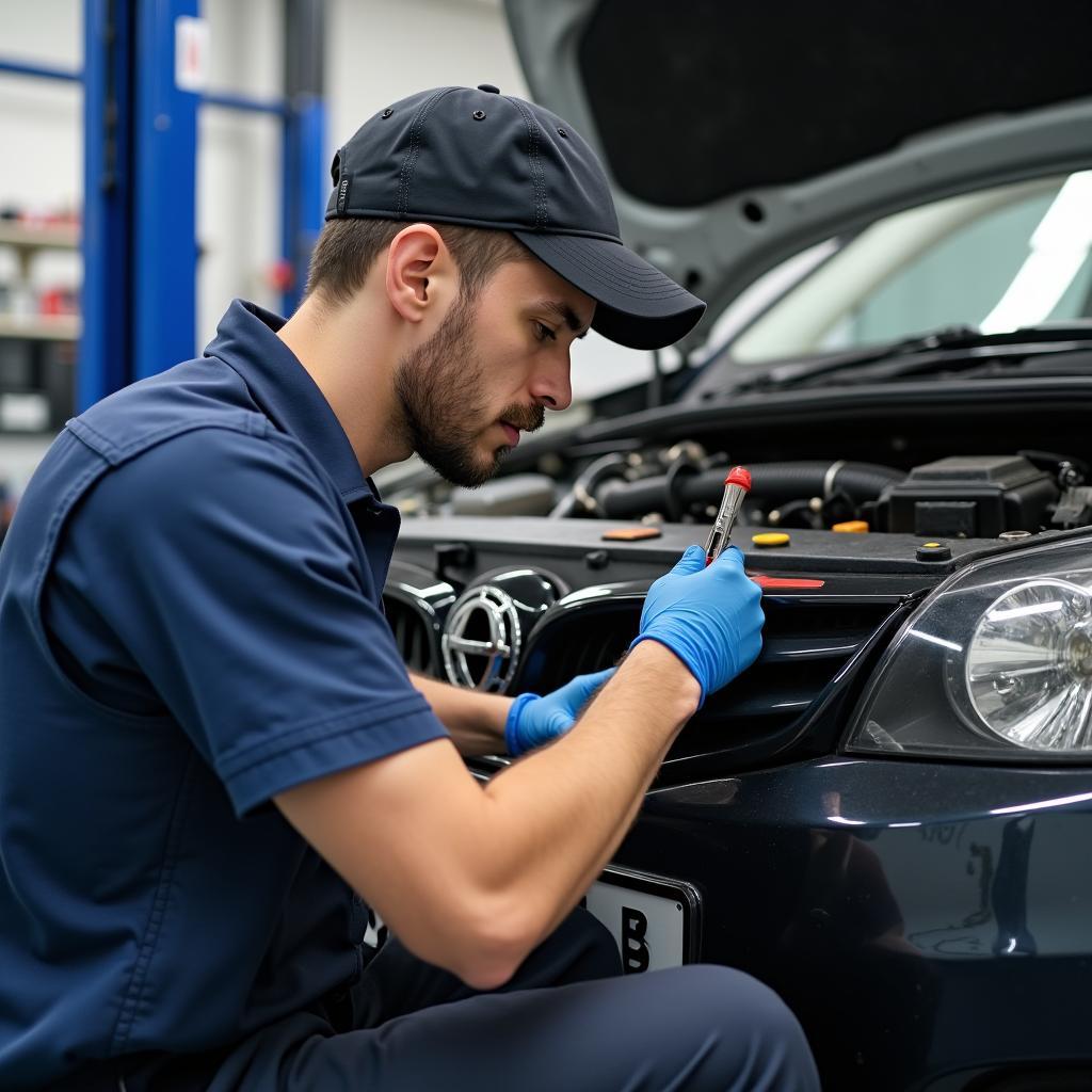 A professional mechanic conducting a car AC repair in Gurgaon.