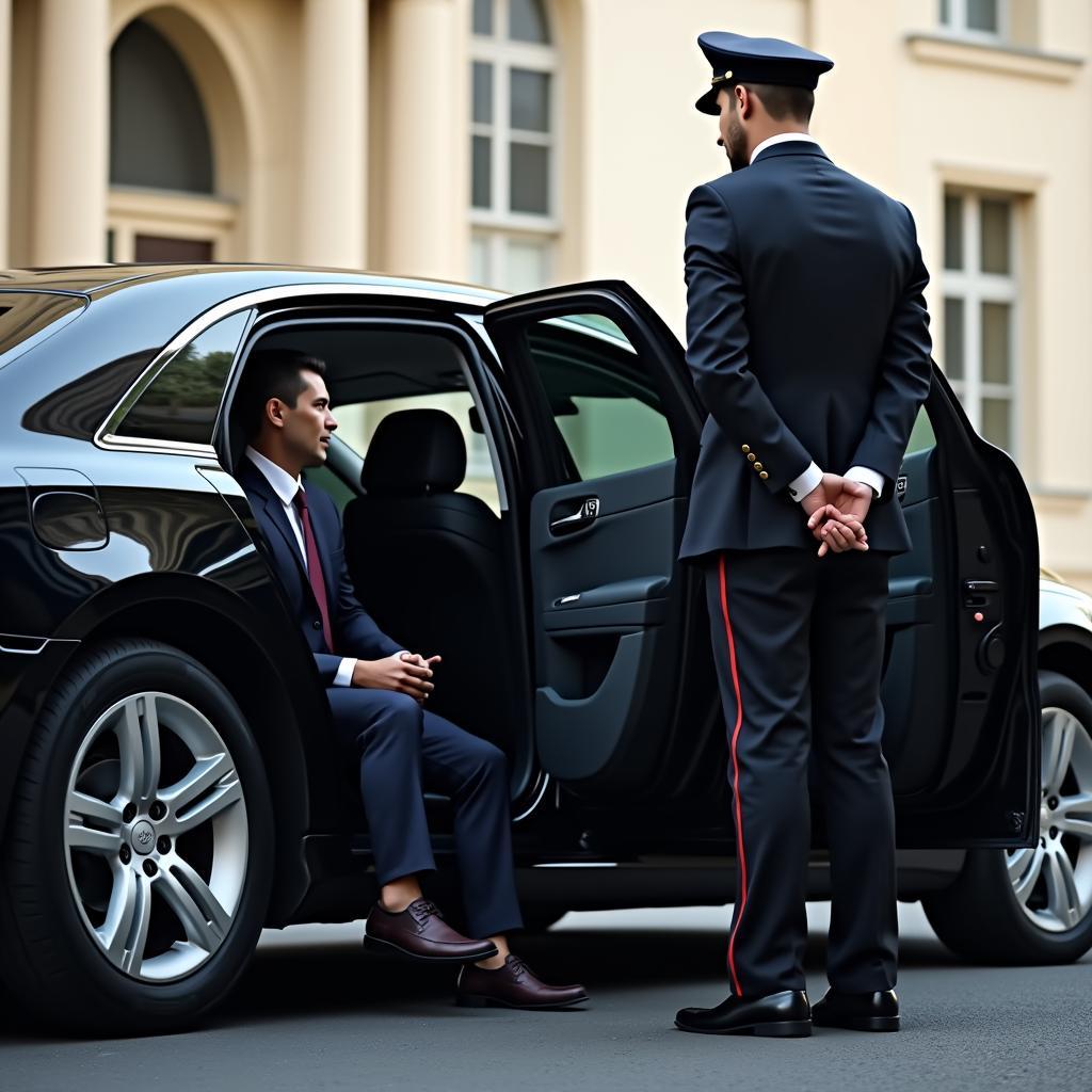 A professional chauffeur assists a passenger into a car