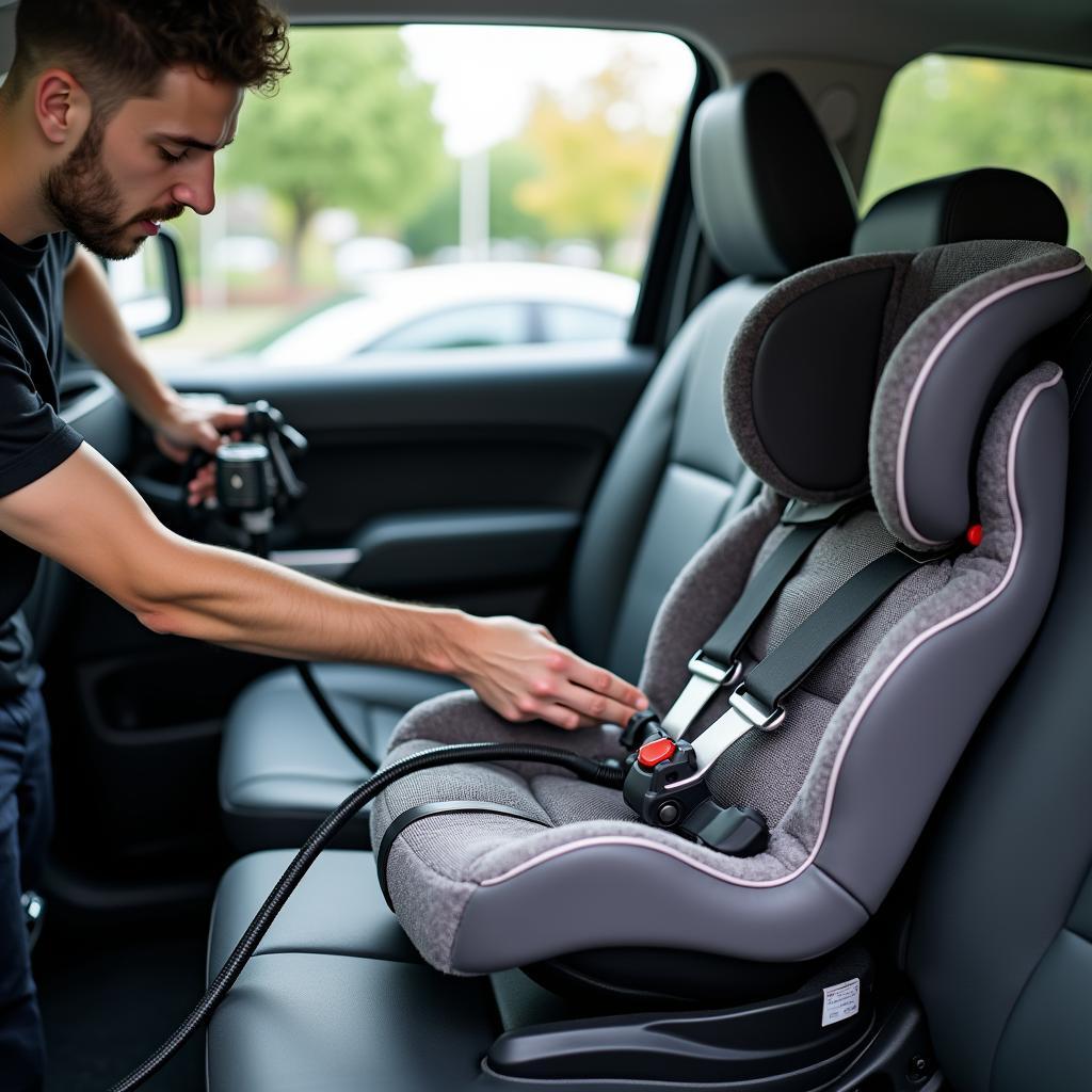 Professional meticulously cleaning a baby car seat in Toronto