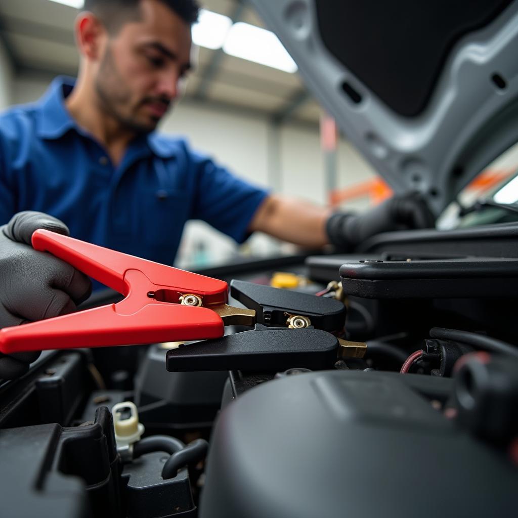 Professional Jump Starting a Car Battery