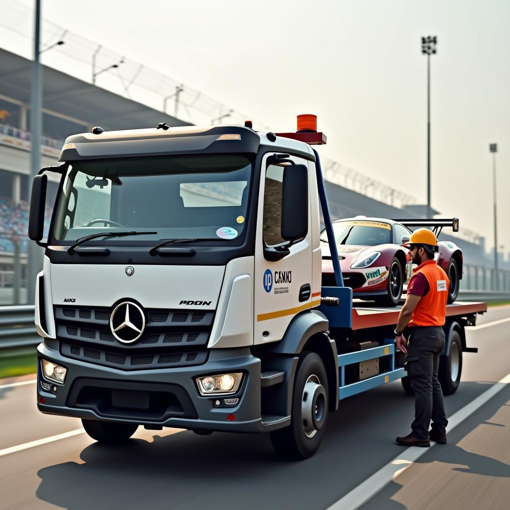 Race car being towed off track in Delhi