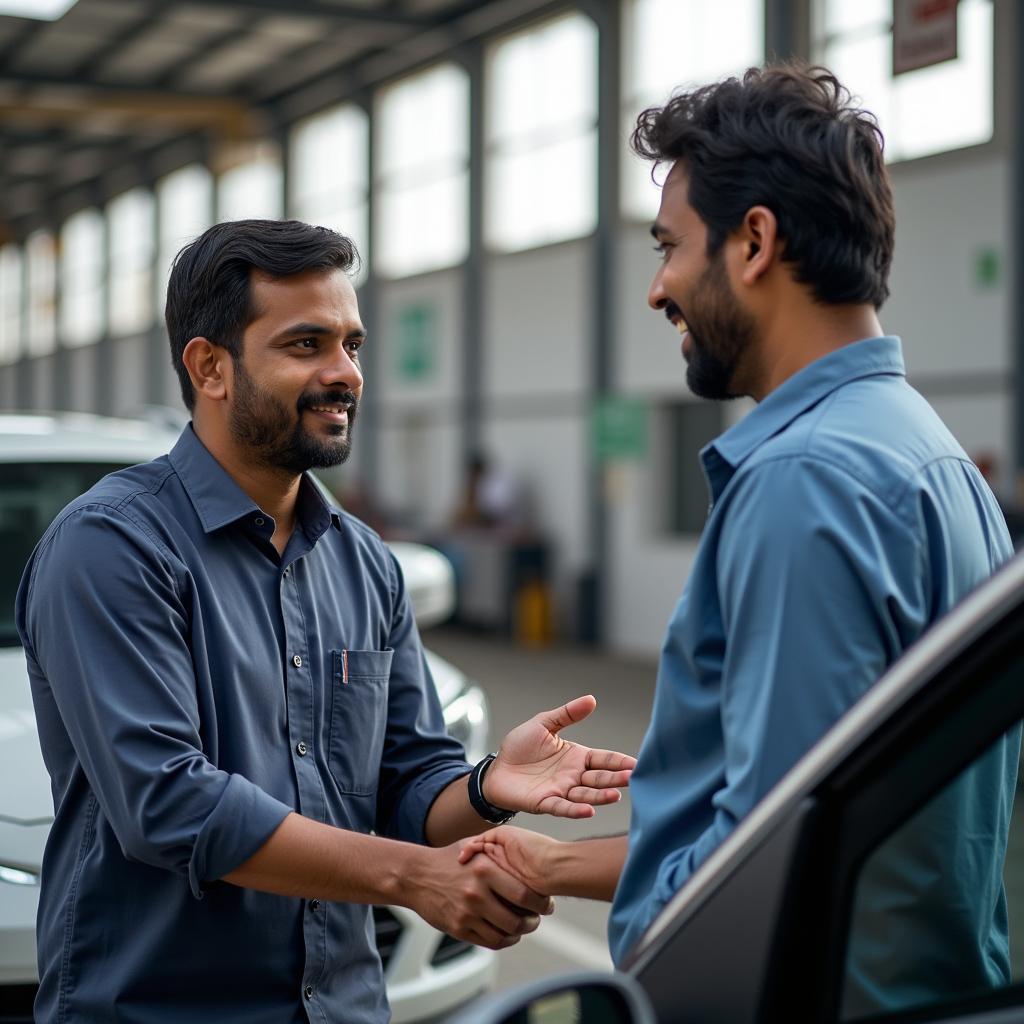 Friendly customer service representative assisting a car owner