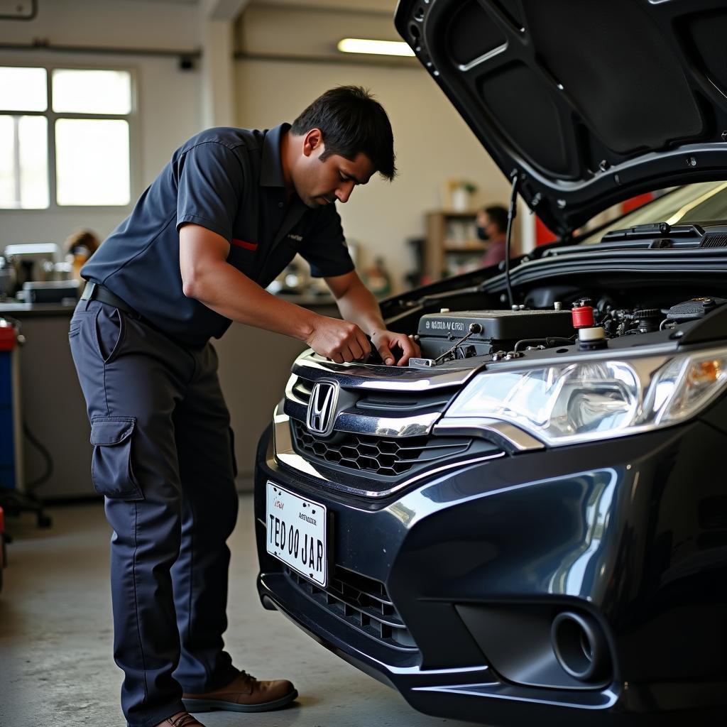 A mechanic in Rajasthan replacing car parts for a Honda City