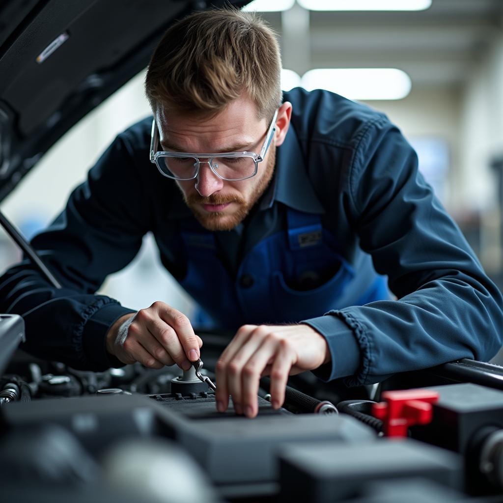 Car service technician in Retford working on a car engine