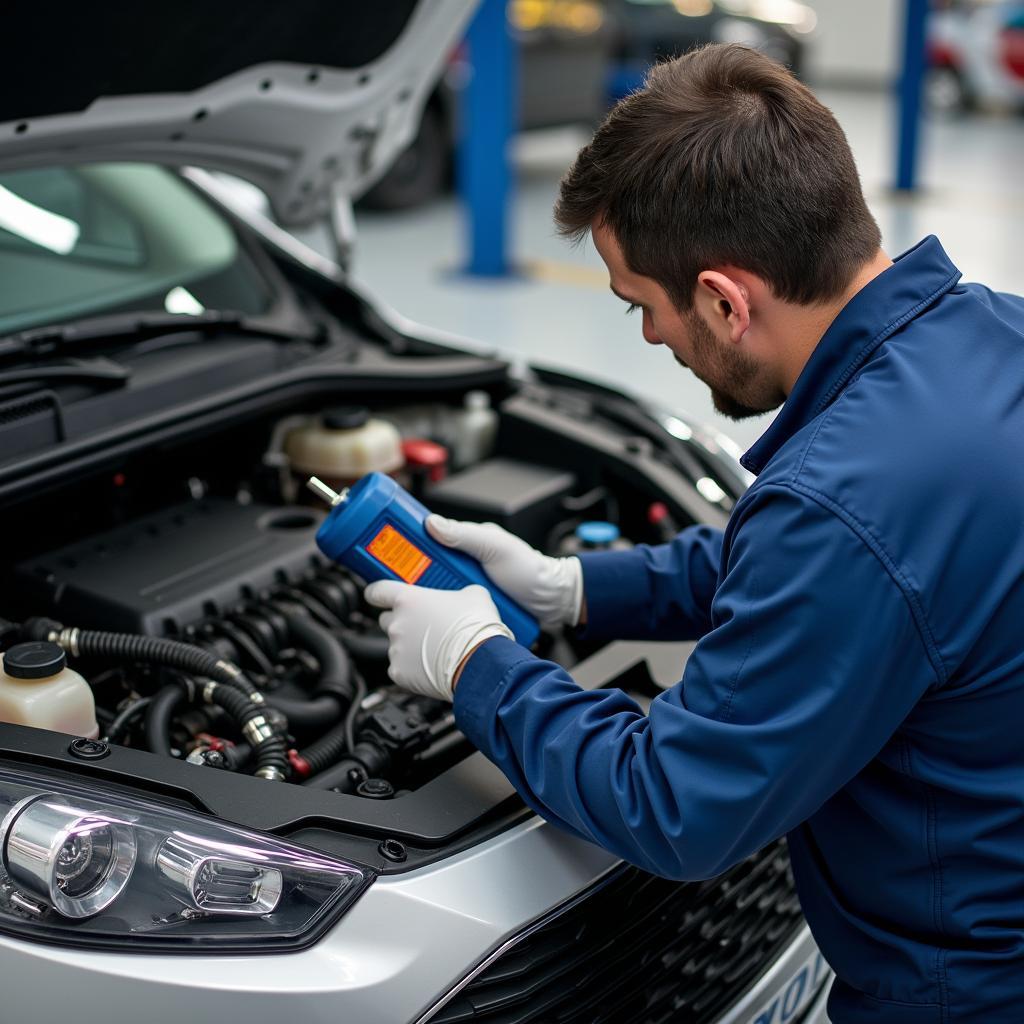 Ford engine being repaired by a skilled technician at a Riddhi Ford car service center