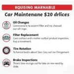 Car maintenance checklist with oil change, filter change, tire rotation, and brake inspection marked.