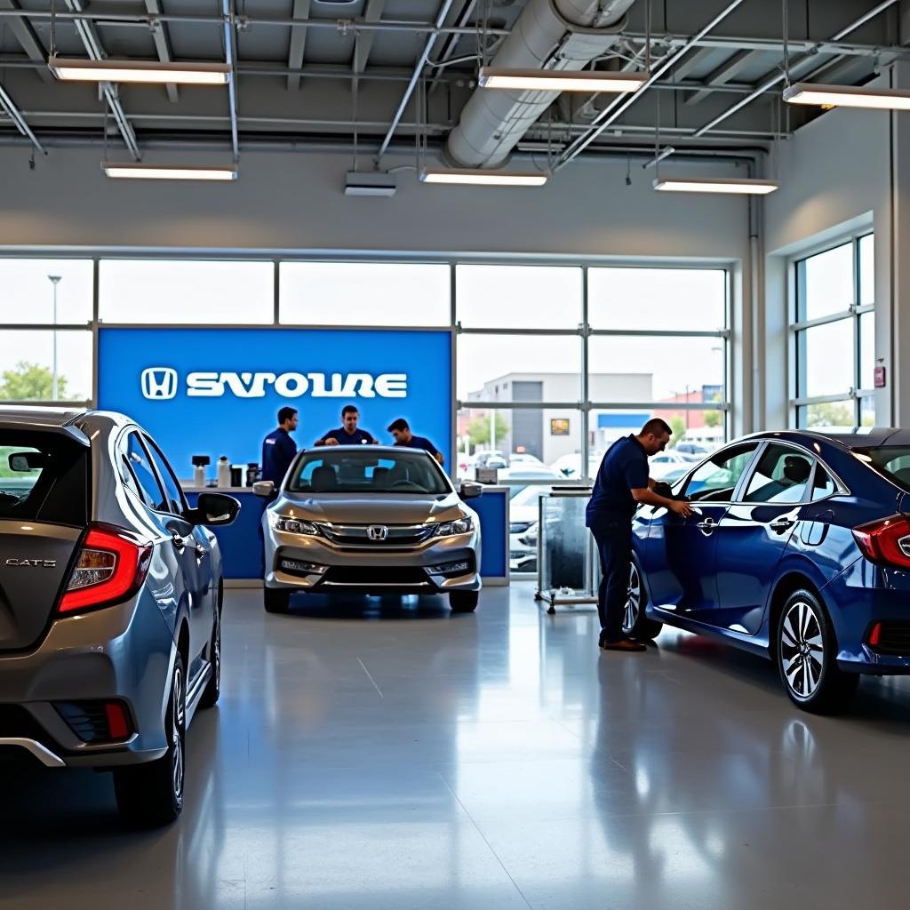 Modern Sapphire Honda service center with technicians working