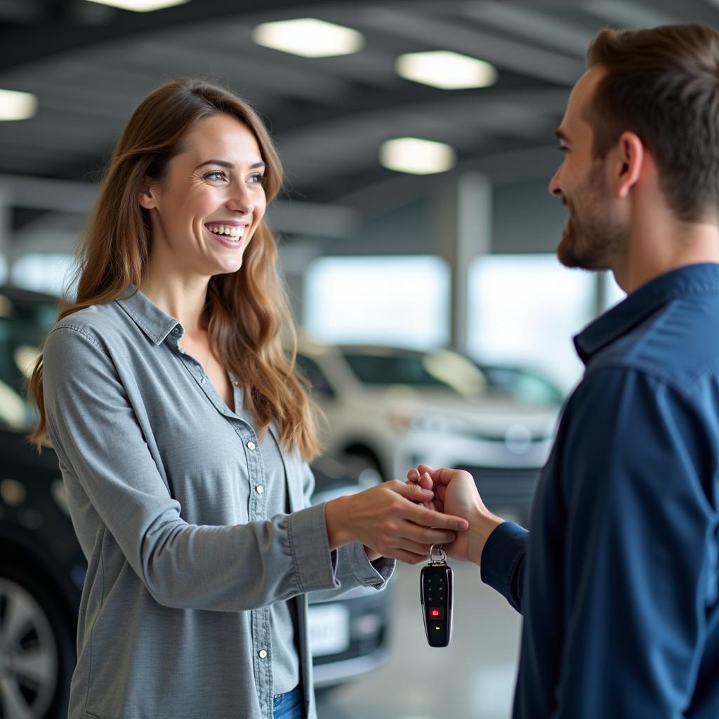 Smiling customer receiving car keys from service advisor