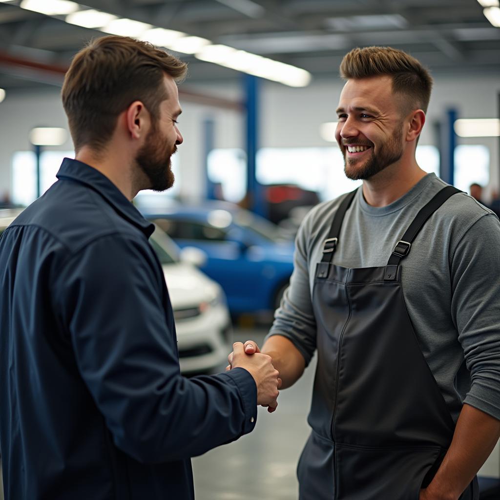 Satisfied Customer Shaking Hands with Mechanic