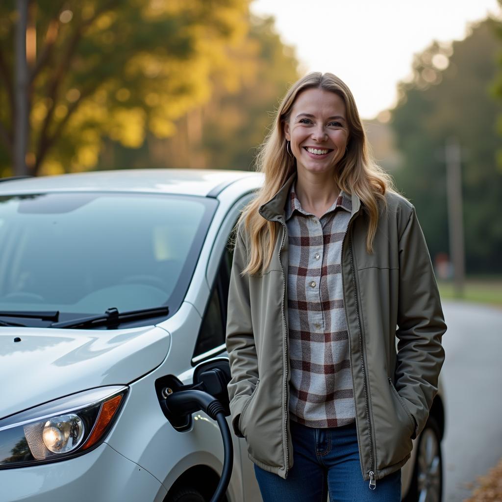 Happy car owner standing next to their newly converted electric car.