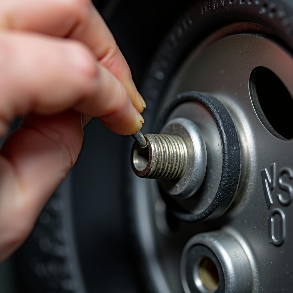 Applying adhesive to car seat bolt